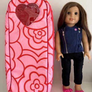 American Girl 18” Brunette Doll + Pink Floral Carry Case & Outfit